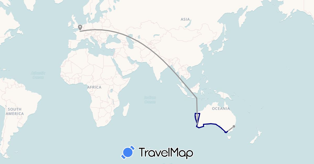 TravelMap itinerary: driving, plane in Australia, France, Indonesia (Asia, Europe, Oceania)